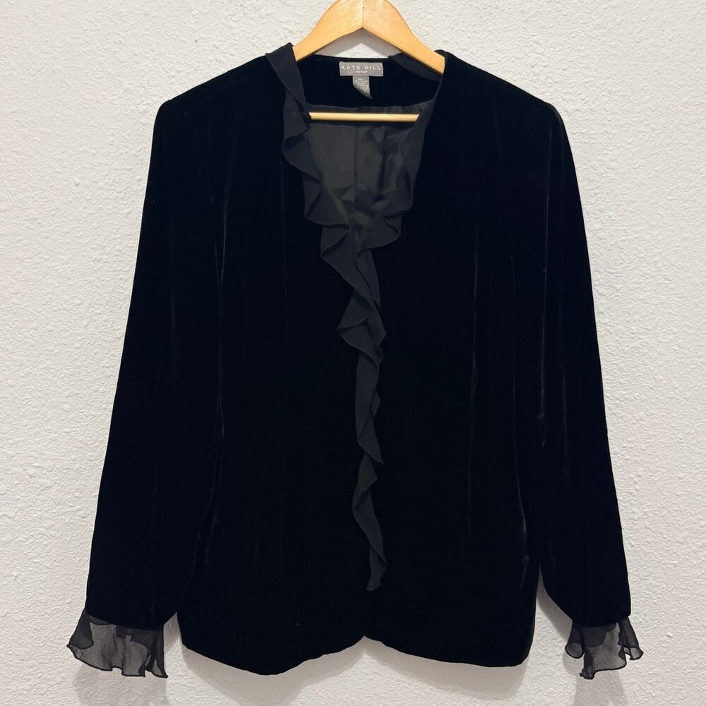 Vintage Y2K Black Velvet Cardigan Blazer Ruffle Velour Whimsygoth Emo Regency
